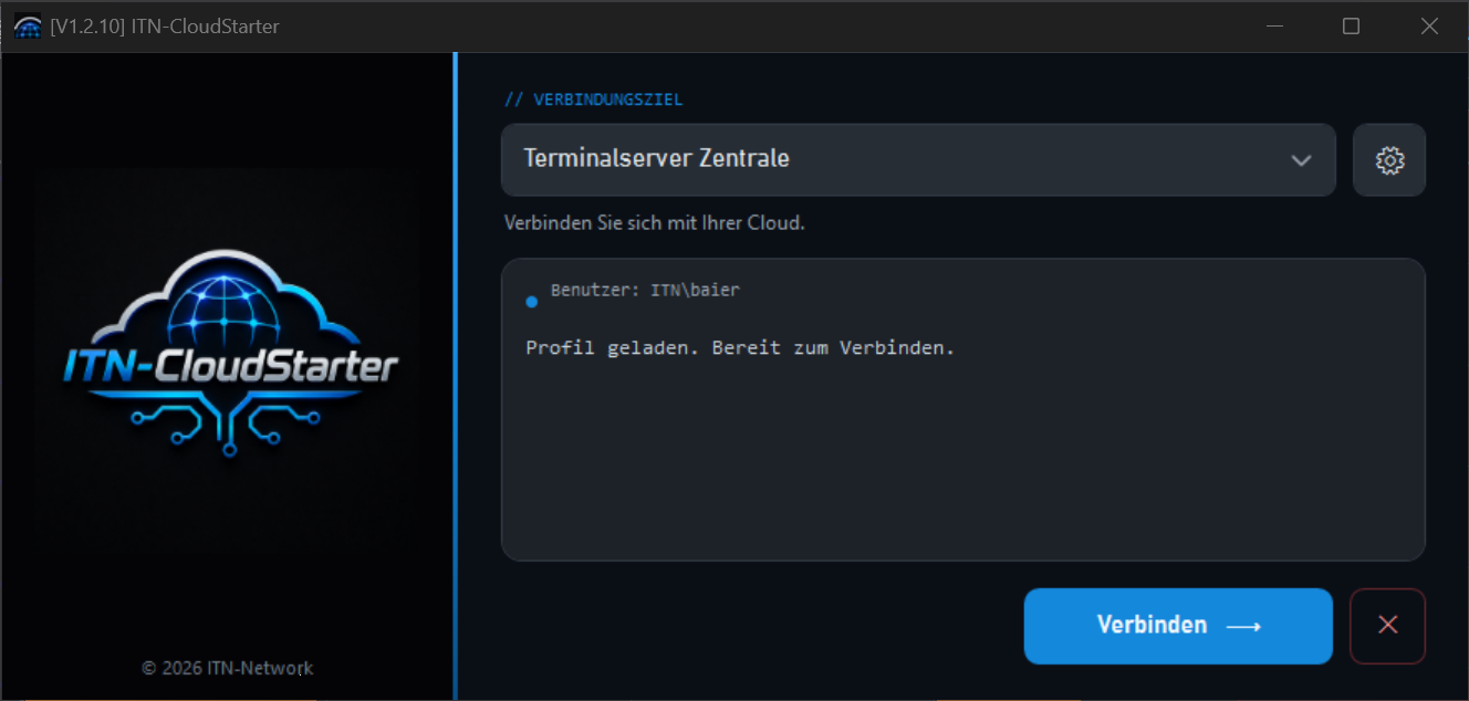 ITN-CloudStarter Hauptfenster mit Verbindungszielen