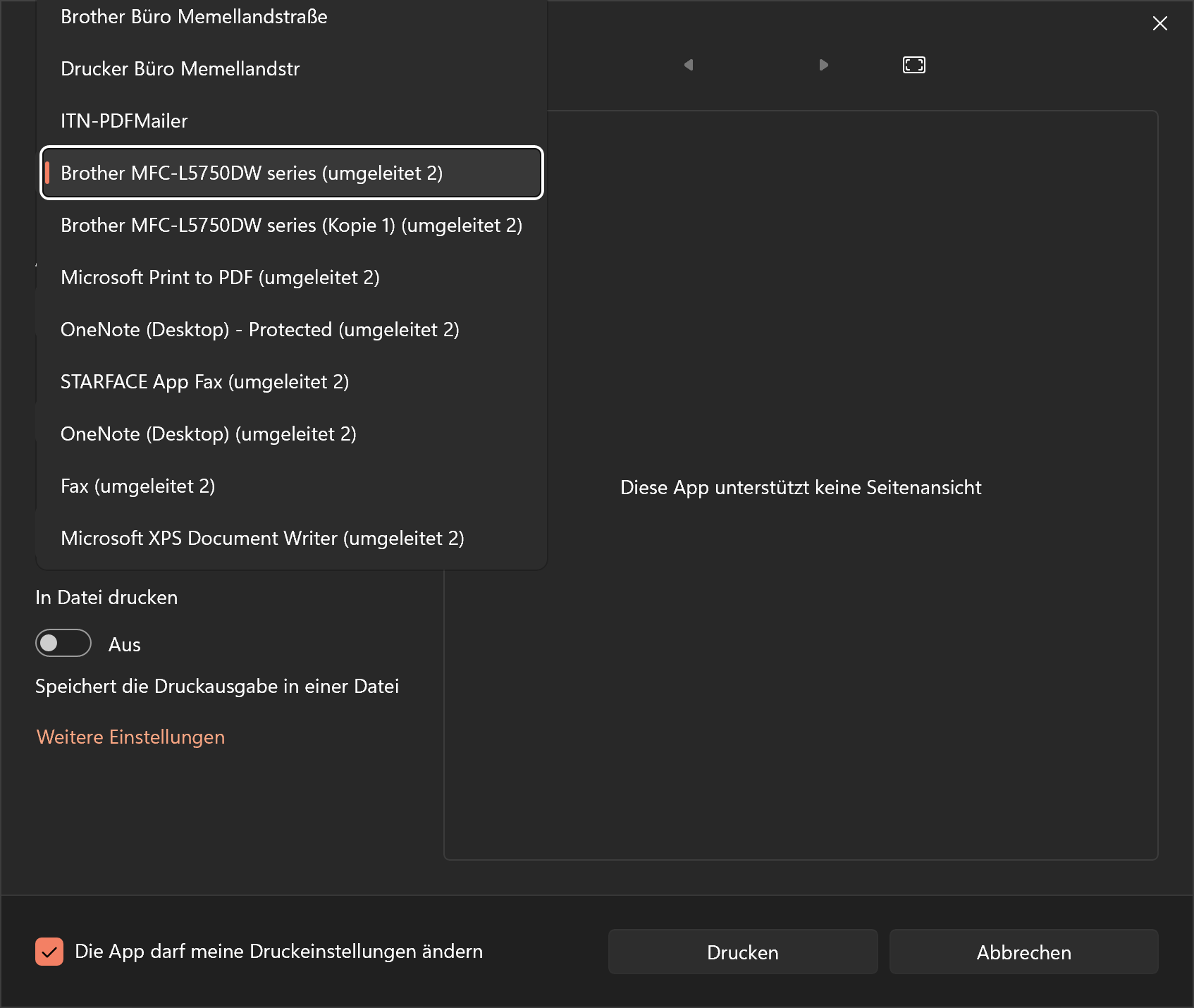 Windows-Druckdialog mit ITN-PDFMailer in der Druckerliste